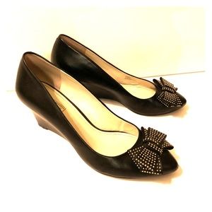 BCBGeneration Black Leather Wedge Heels with Bow